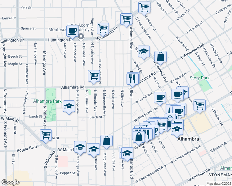map of restaurants, bars, coffee shops, grocery stores, and more near 510 North Curtis Avenue in Alhambra