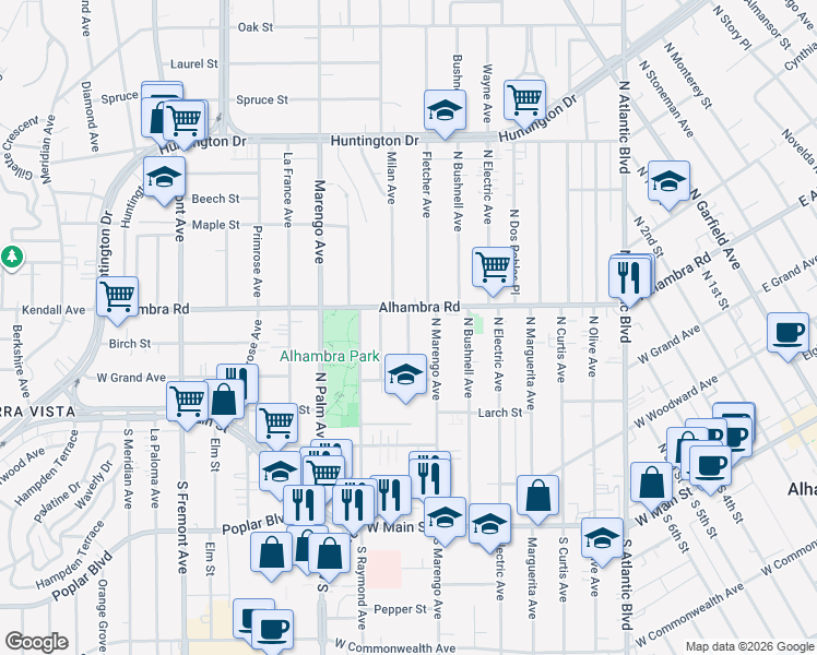 map of restaurants, bars, coffee shops, grocery stores, and more near 512 North Campbell Avenue in Alhambra