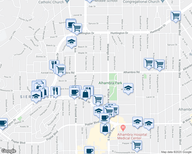 map of restaurants, bars, coffee shops, grocery stores, and more near 312 North Primrose Avenue in Alhambra