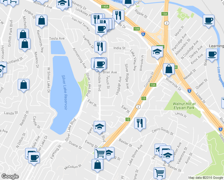map of restaurants, bars, coffee shops, grocery stores, and more near 2305 Hidalgo Avenue in Los Angeles