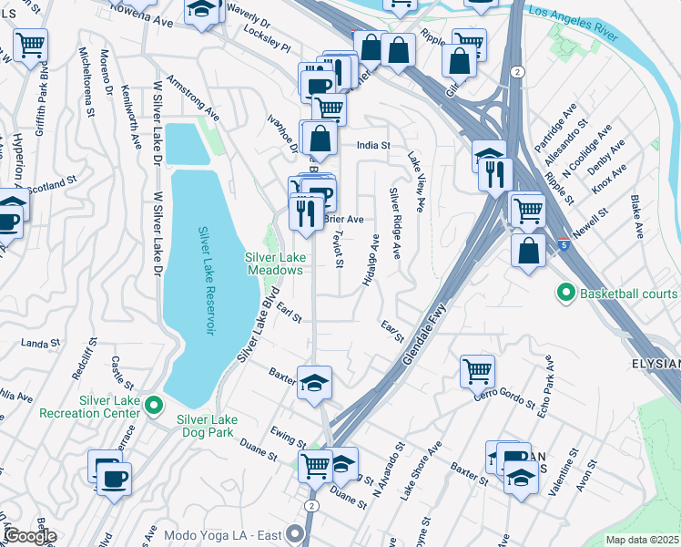 map of restaurants, bars, coffee shops, grocery stores, and more near 2323 Teviot Street in Los Angeles