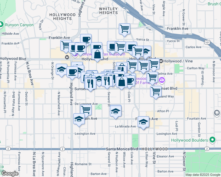 map of restaurants, bars, coffee shops, grocery stores, and more near 6611 Sunset Boulevard in Los Angeles
