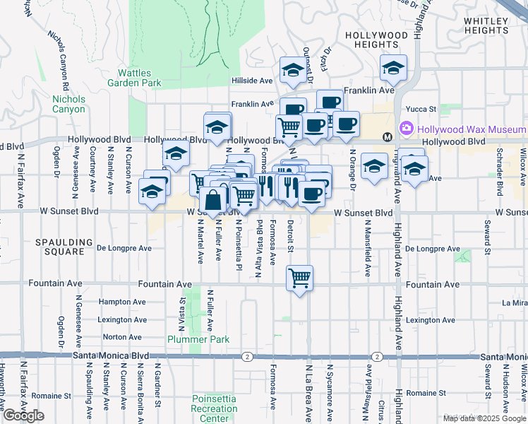 map of restaurants, bars, coffee shops, grocery stores, and more near 7190 Sunset Boulevard in Los Angeles