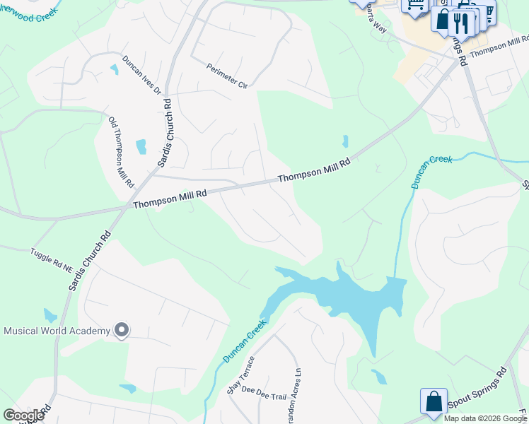 map of restaurants, bars, coffee shops, grocery stores, and more near 2515 Weber Heights Way in Buford