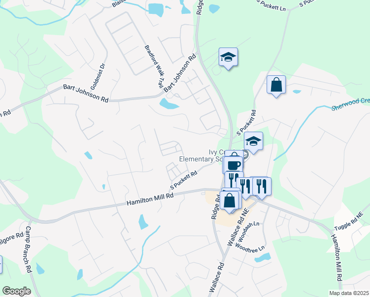 map of restaurants, bars, coffee shops, grocery stores, and more near 3671 Salvia Drive in Buford