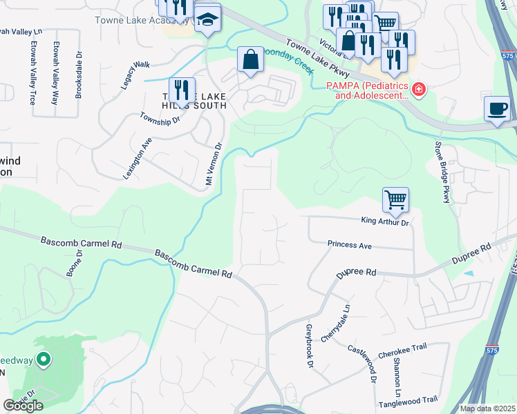 map of restaurants, bars, coffee shops, grocery stores, and more near 503 Hearthstone Ridge in Woodstock