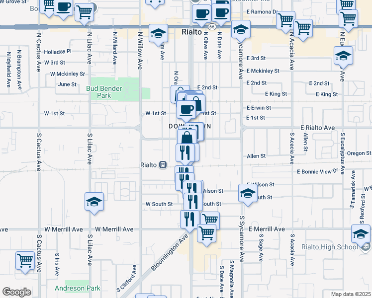 map of restaurants, bars, coffee shops, grocery stores, and more near 216 South Riverside Avenue in Rialto
