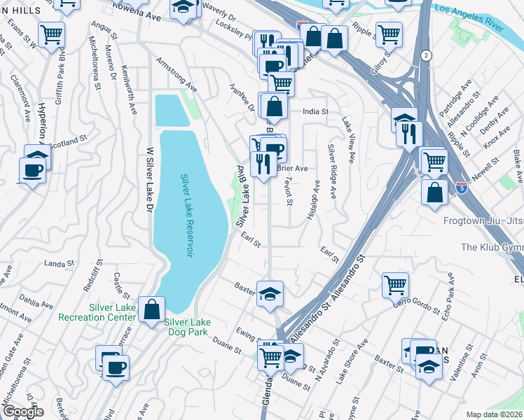 map of restaurants, bars, coffee shops, grocery stores, and more near 2336 Edgewater Terrace in Los Angeles