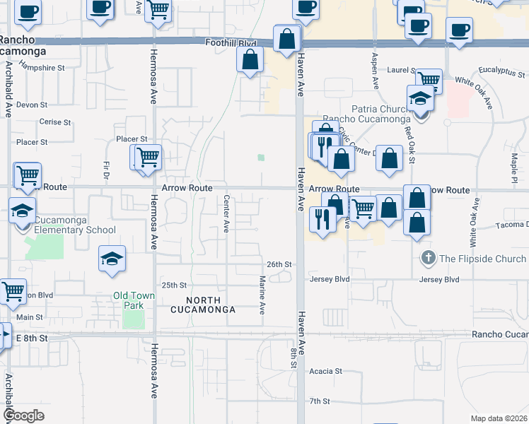 map of restaurants, bars, coffee shops, grocery stores, and more near 8571 Oak Barrel Place in Rancho Cucamonga