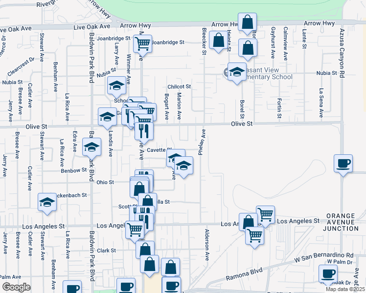 map of restaurants, bars, coffee shops, grocery stores, and more near 14621 Cavette Place in Baldwin Park