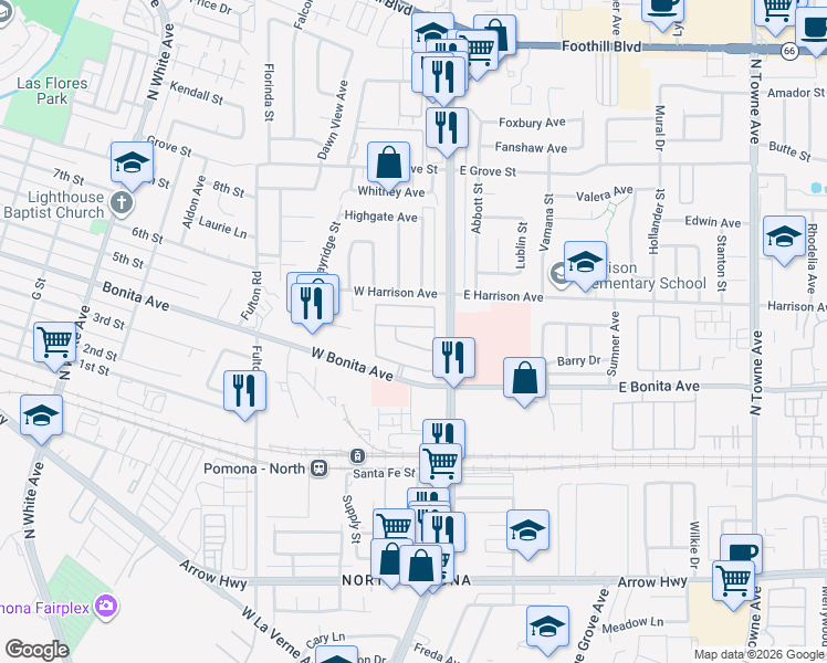 map of restaurants, bars, coffee shops, grocery stores, and more near 122 Carrotwood Lane in Pomona