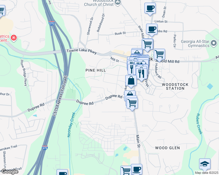 map of restaurants, bars, coffee shops, grocery stores, and more near 130 Woodberry Court in Woodstock