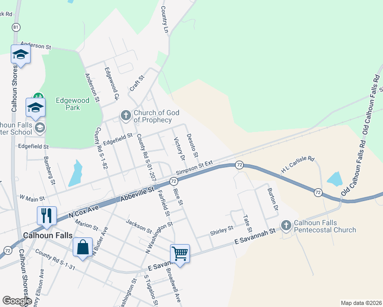 map of restaurants, bars, coffee shops, grocery stores, and more near 106 Victory Drive in Calhoun Falls