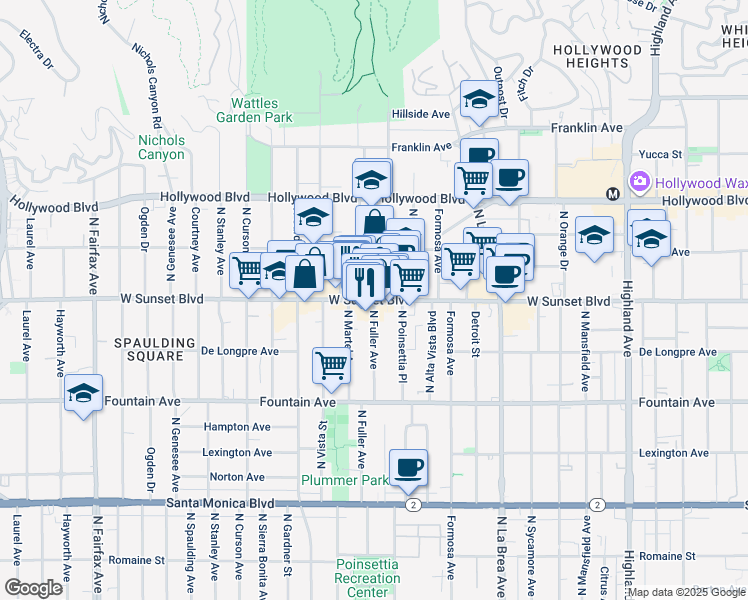 map of restaurants, bars, coffee shops, grocery stores, and more near Sunset Blvd & N Fuller Ave in Los Angeles