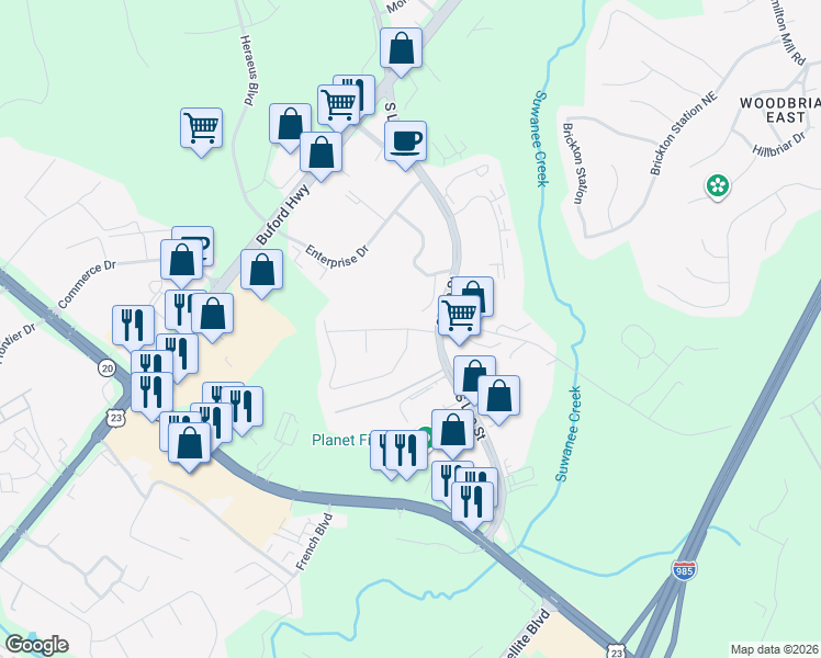map of restaurants, bars, coffee shops, grocery stores, and more near 1836 Sturgeon Road in Buford