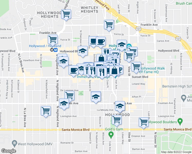 map of restaurants, bars, coffee shops, grocery stores, and more near 6527 Sunset Boulevard in Los Angeles