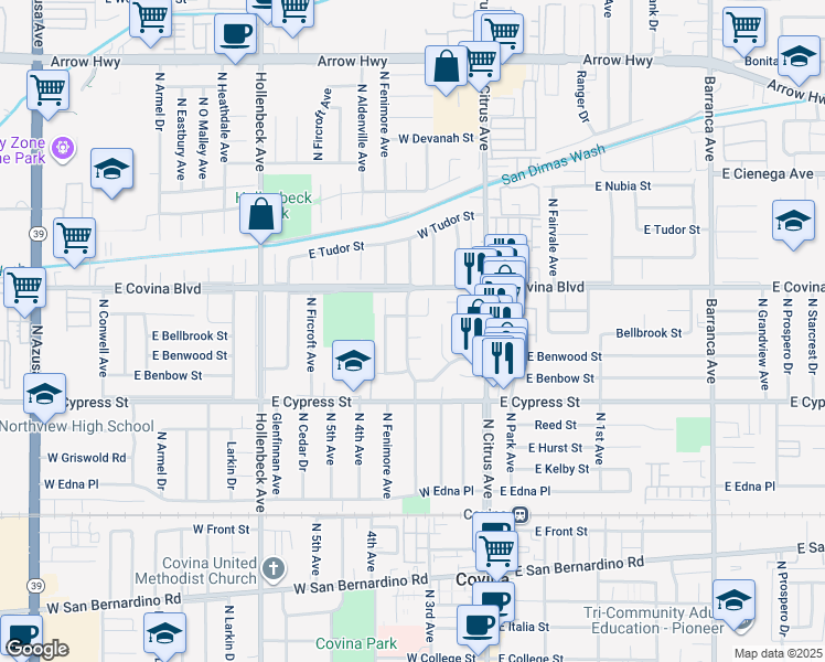 map of restaurants, bars, coffee shops, grocery stores, and more near 4704 North Calvados Avenue in Covina