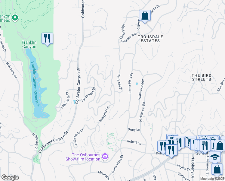 map of restaurants, bars, coffee shops, grocery stores, and more near 9316 Beverlycrest Drive in Beverly Hills