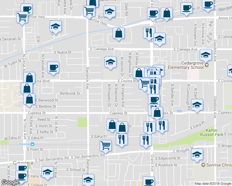 map of restaurants, bars, coffee shops, grocery stores, and more near 1021 North Starcrest Drive in Covina