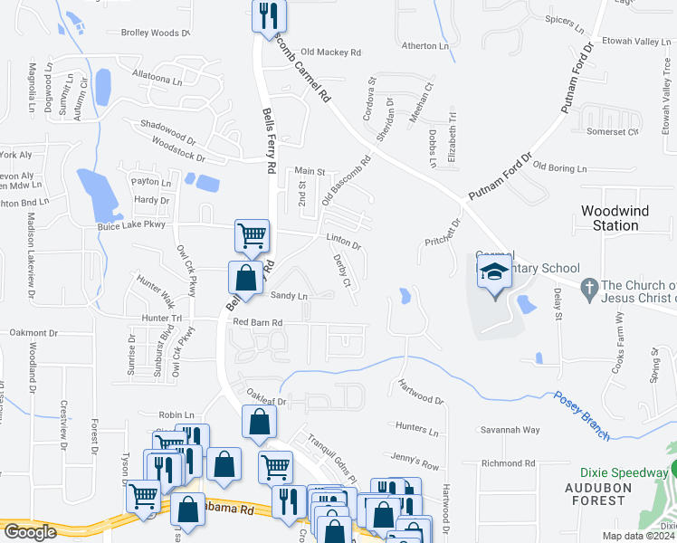 map of restaurants, bars, coffee shops, grocery stores, and more near 244 Derby Court in Acworth