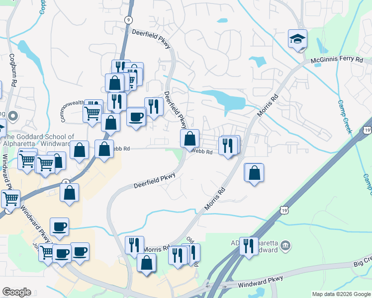 map of restaurants, bars, coffee shops, grocery stores, and more near 3201 Deerfield Parkway in Milton
