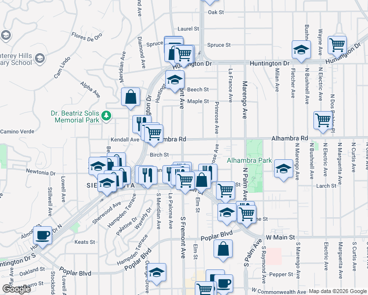 map of restaurants, bars, coffee shops, grocery stores, and more near 210 North Fremont Avenue in Alhambra
