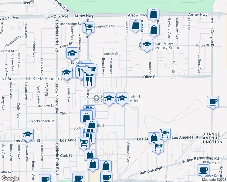 map of restaurants, bars, coffee shops, grocery stores, and more near 14621 Cavette Place in Baldwin Park