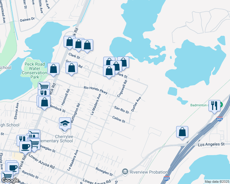 map of restaurants, bars, coffee shops, grocery stores, and more near 11953 Rio Hondo Parkway in El Monte