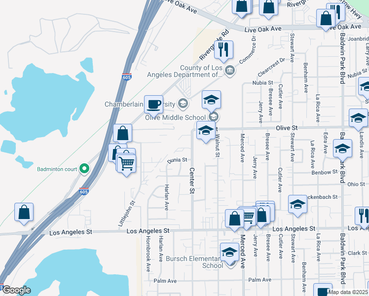 map of restaurants, bars, coffee shops, grocery stores, and more near Park Centre Street in Baldwin Park