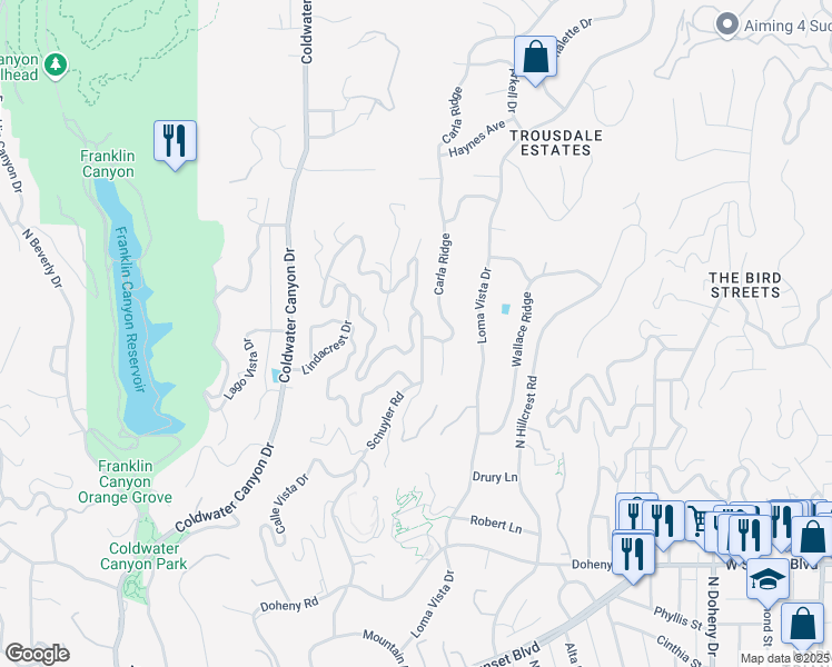 map of restaurants, bars, coffee shops, grocery stores, and more near 9316 Beverlycrest Drive in Beverly Hills