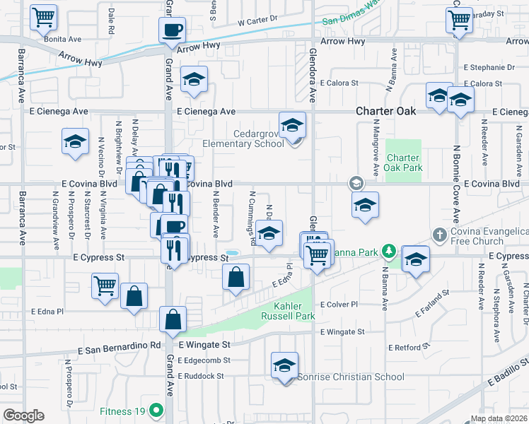 map of restaurants, bars, coffee shops, grocery stores, and more near 1011 North Damato Drive in Covina