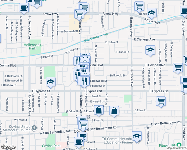 map of restaurants, bars, coffee shops, grocery stores, and more near 1021 North 2nd Avenue in Covina