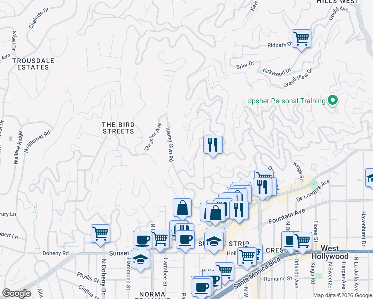map of restaurants, bars, coffee shops, grocery stores, and more near 8906 Evanview Drive in Los Angeles