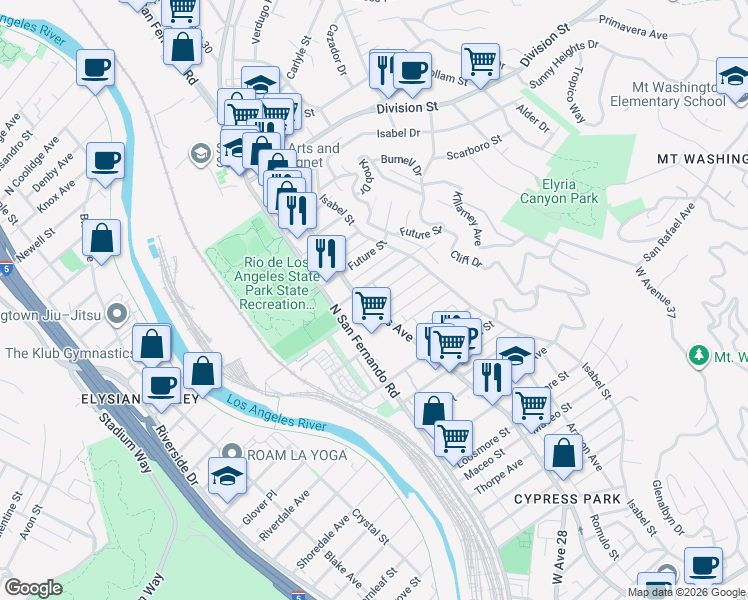map of restaurants, bars, coffee shops, grocery stores, and more near 2909 Asbury Street in Los Angeles