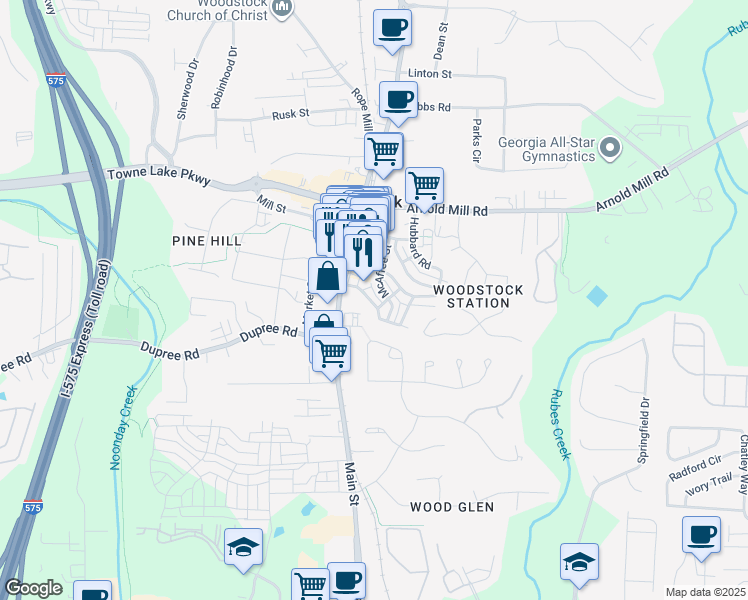 map of restaurants, bars, coffee shops, grocery stores, and more near 187 Fowler Street in Woodstock