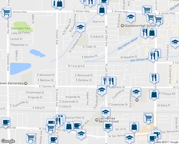 map of restaurants, bars, coffee shops, grocery stores, and more near 16744 East Bellbrook Street in Covina