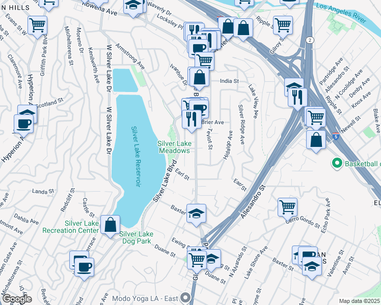 map of restaurants, bars, coffee shops, grocery stores, and more near 2406 Glendale Court in Los Angeles