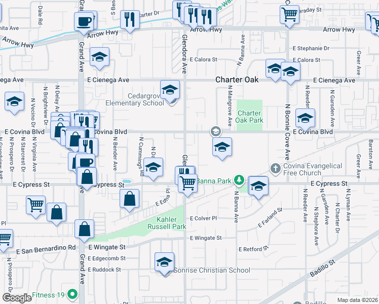 map of restaurants, bars, coffee shops, grocery stores, and more near 1022 North Glendora Avenue in Covina