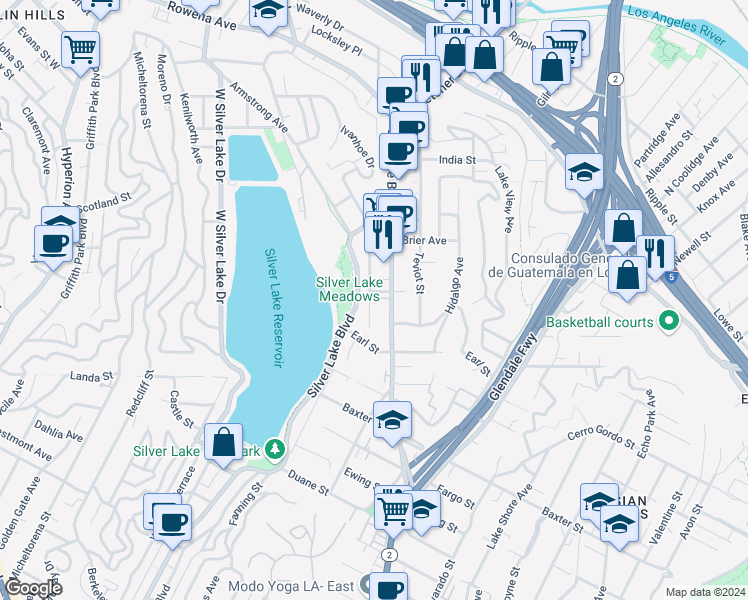 map of restaurants, bars, coffee shops, grocery stores, and more near 2336 Edgewater Terrace in Los Angeles