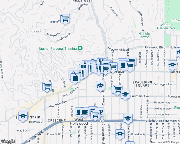 map of restaurants, bars, coffee shops, grocery stores, and more near Marmont Lane in Los Angeles