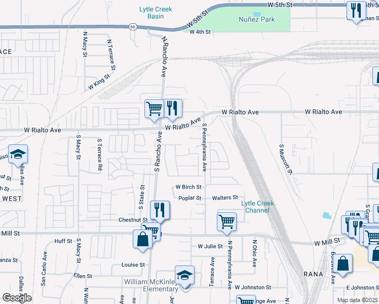 map of restaurants, bars, coffee shops, grocery stores, and more near 204 Sidewinder Mountain Road in San Bernardino