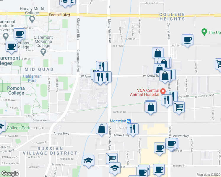 map of restaurants, bars, coffee shops, grocery stores, and more near 322 Monte Vista Avenue in Upland