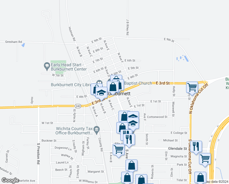 map of restaurants, bars, coffee shops, grocery stores, and more near 317 North Avenue D in Burkburnett