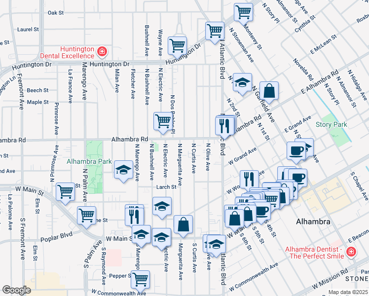 map of restaurants, bars, coffee shops, grocery stores, and more near 512 North Marguerita Avenue in Alhambra