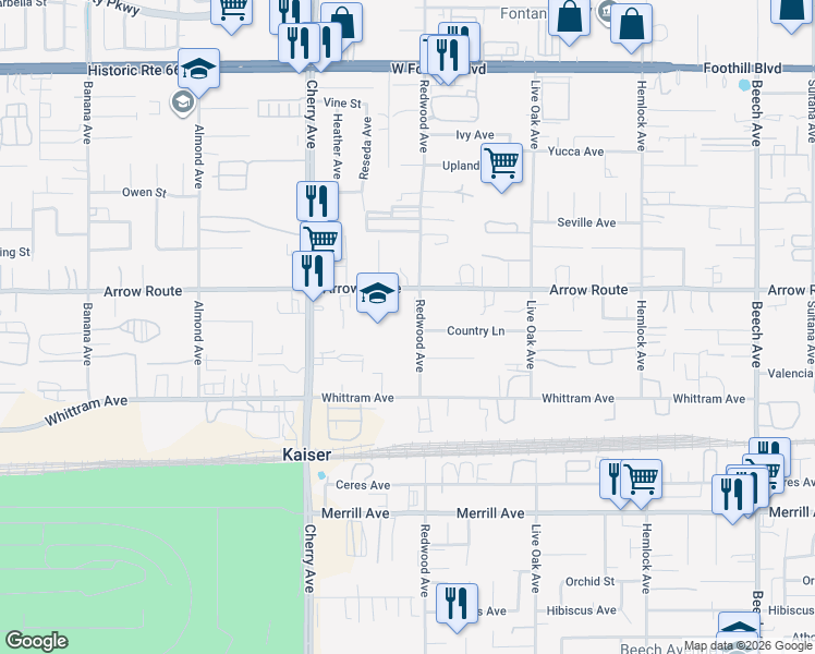 map of restaurants, bars, coffee shops, grocery stores, and more near 8570 Redwood Avenue in Fontana