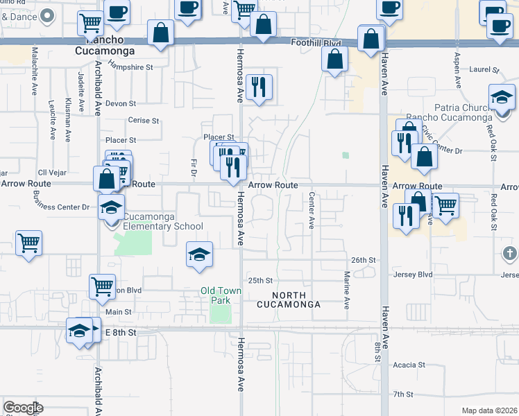 map of restaurants, bars, coffee shops, grocery stores, and more near 10151 Arrow Route in Rancho Cucamonga
