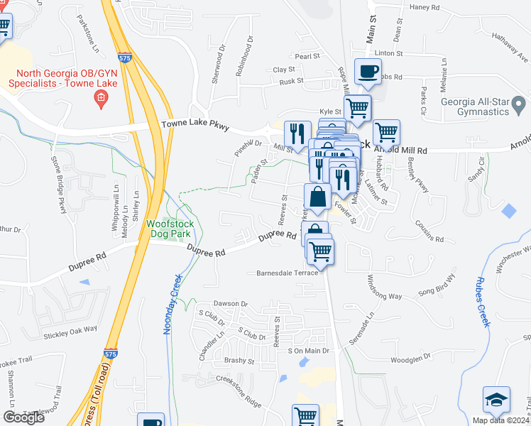 map of restaurants, bars, coffee shops, grocery stores, and more near 130 Woodberry Court in Woodstock