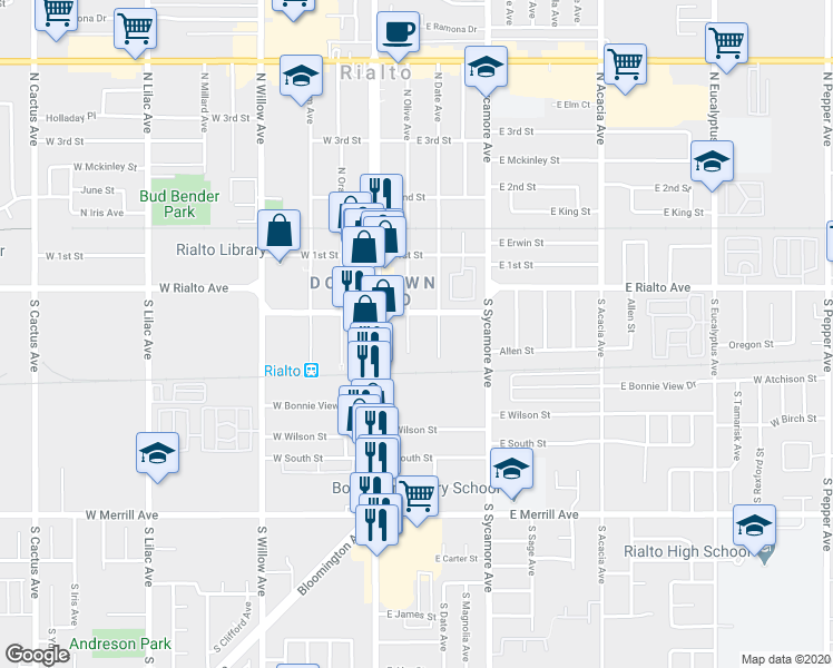map of restaurants, bars, coffee shops, grocery stores, and more near 219 South Olive Avenue in Rialto