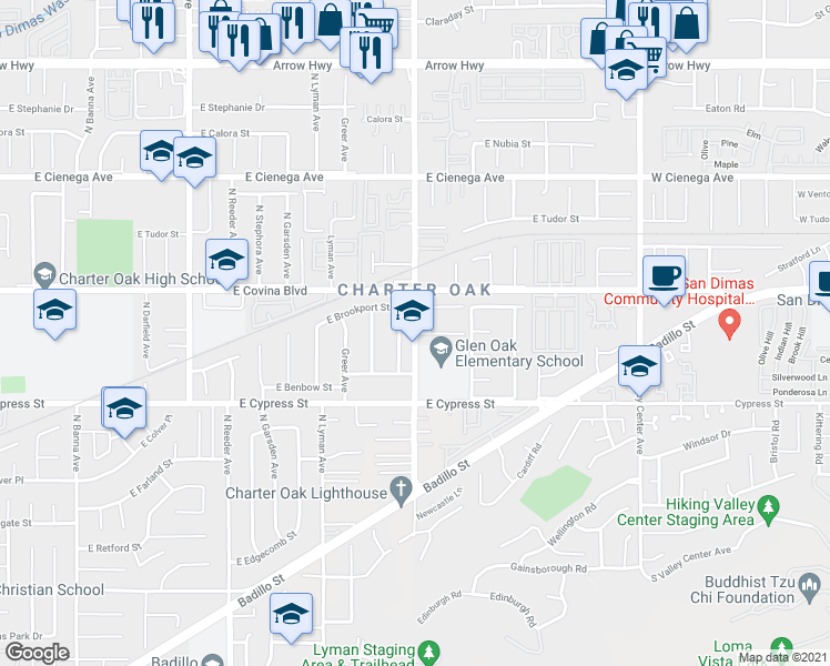 map of restaurants, bars, coffee shops, grocery stores, and more near North Sunflower Avenue in Covina