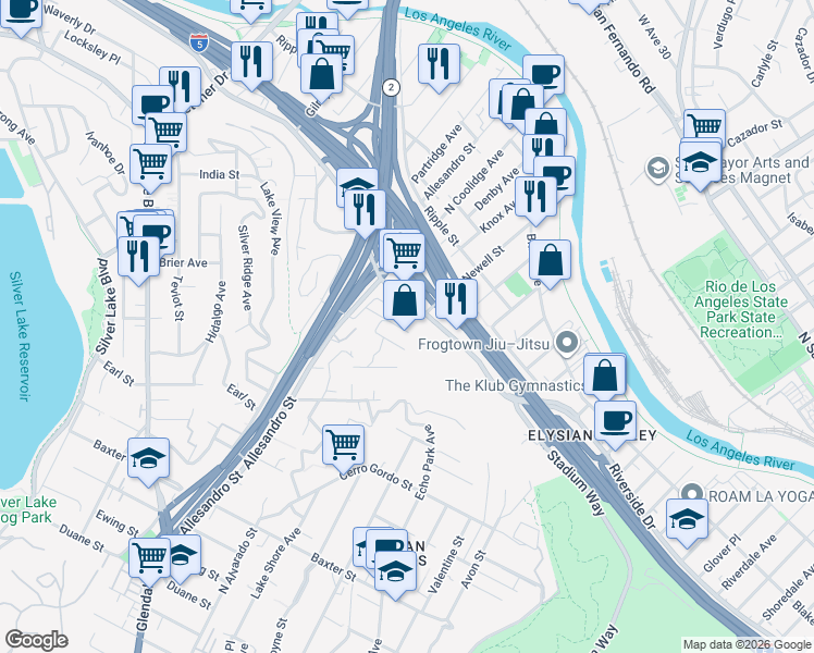 map of restaurants, bars, coffee shops, grocery stores, and more near 1919 Rosebud Avenue in Los Angeles